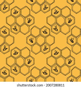 Vector seamless pattern with bees and honeycomb. Linear hand drawn illustration with orange background is perfect for honey design, beekeeper branding, wrapping paper, fabric textile