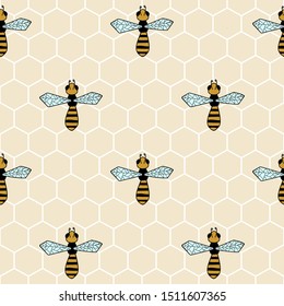 Vector Seamless Pattern With Bees And Honeycombs, Hand drawn. For Pattern, Wallpaper, Print On Fabric, Textile, Wrapping Paper, Ornament. Symbol of Jewish holiday Rosh Hashanah.