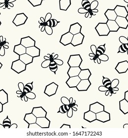Vector seamless pattern with bees and honeycombs; simple bees icons for fabric, wallpaper, packages, wrapping paper, textile, web design.
