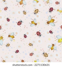 Vector seamless pattern with bees and ladybirds on pastel floral background. Summer concept.