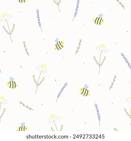 Vector seamless pattern with bees, lavender and chamomile. For wallpapers, decoration, invitation baby shower, fabric, textile and linen, print clothes and pajamas, gift and wrapping paper