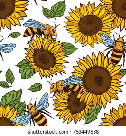 Vector seamless pattern with bees, leaves and sunflowers. Black and yellow texture