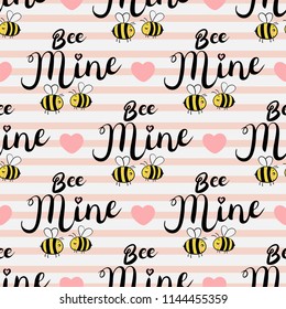 Vector seamless pattern with bees in love. Bee mine text