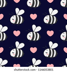 Vector seamless pattern with bees in love on a dark background