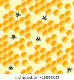 Vector seamless pattern. Bees with shadows and gradient honeycomb. Decor of white stars. Yellow background. Great for wallpaper, textile, fabric, wrapping. 