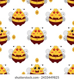 Vector seamless pattern with bees and stars. Striped honey bee and yellow stars on white background. Pattern with bumblebees.