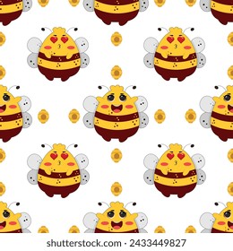 Vector seamless pattern with bees and stars. Striped honey bee and yellow stars on white background. Pattern with bumblebees.