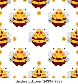 Vector seamless pattern with bees and stars. Striped honey bee and yellow stars on white background. Pattern with bumblebees.