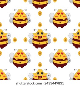 Vector seamless pattern with bees and stars. Striped honey bee and yellow stars on white background. Pattern with bumblebees.