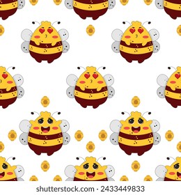 Vector seamless pattern with bees and stars. Striped honey bee and yellow stars on white background. Pattern with bumblebees.