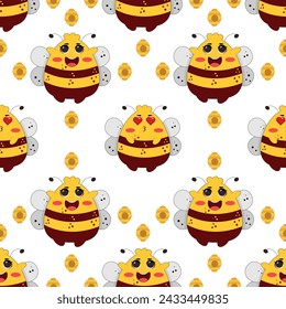 Vector seamless pattern with bees and stars. Striped honey bee and yellow stars on white background. Pattern with bumblebees.