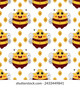 Vector seamless pattern with bees and stars. Striped honey bee and yellow stars on white background. Pattern with bumblebees.