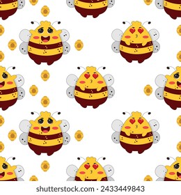 Vector seamless pattern with bees and stars. Striped honey bee and yellow stars on white background. Pattern with bumblebees.