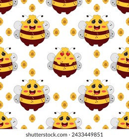 Vector seamless pattern with bees and stars. Striped honey bee and yellow stars on white background. Pattern with bumblebees.