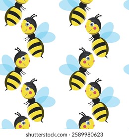 Vector seamless pattern with bees and stars. Striped honey bee and yellow stars on white background. Pattern with bumblebees.