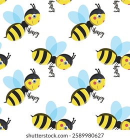 Vector seamless pattern with bees and stars. Striped honey bee and yellow stars on white background. Pattern with bumblebees.