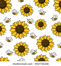 
Vector seamless pattern with bees and sunflowers isolated on white background
