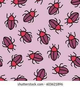 Vector seamless pattern with beetles. Hand drawn.