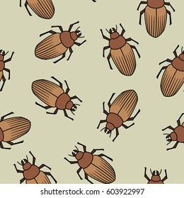 Vector seamless pattern with beetles. Hand drawn.