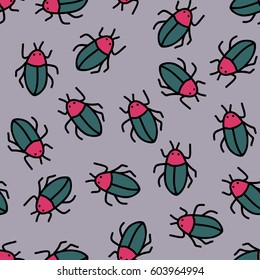 Vector seamless pattern with beetles. Hand drawn.