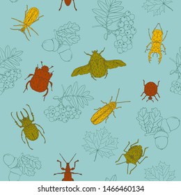 Vector seamless pattern with beetles in low poly style. Entomological print and floral elements. Childish poster, perfect for wrapping paper and wall decoration.