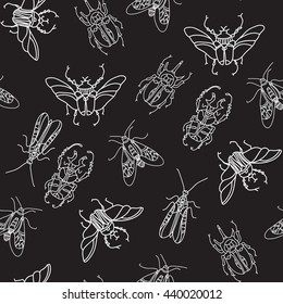 Vector seamless pattern with beetles on black background