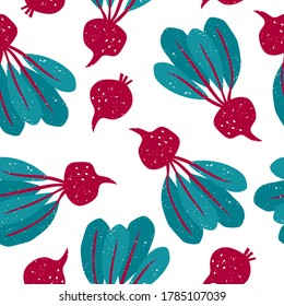 Vector seamless pattern with beetroots. Bright colorful healthy cartoon stylized exotic vegetables background in print flat style, eat local organic products.