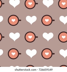 Vector seamless pattern with beige backdrop, coffee cups with white hearts. Creative background for cafe, menu of restaurant, wrapping paper. EPS10. Can be used as print on t-shirt.