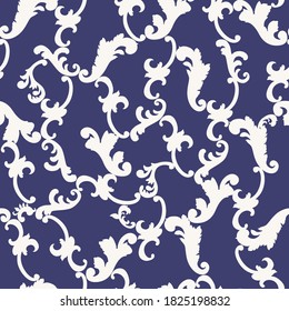 Vector seamless pattern from beige Baroque scrolls silhouette on a dark indigo blue  background. Scarf, neckerchief silk print design, wallpaper, wrapping paper
