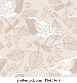 vector  seamless pattern with beige birds and leaves