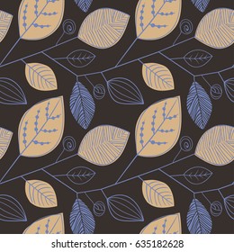Vector seamless pattern with Beige and blue silhouettes of leaves. Pattern of leaves Scandinavian style on a dark brown background. Eps-8