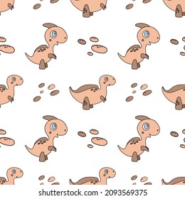 Vector seamless pattern with beige cartoon dinosaurs and stones. Cute children characters. Nice illustration for wrapping paper, kids room decor, wallpaper, fabric, textile 