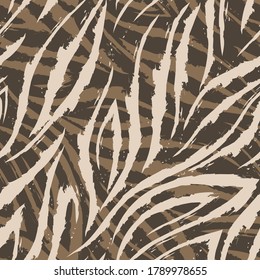 Vector seamless pattern of beige lines and corners on a brown background.Texture of flowing shapes and lines with torn edges.Zebra skin or fur.