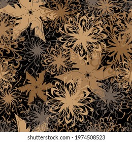 vector seamless pattern of beige mandalas on a black background different curlicues and lines