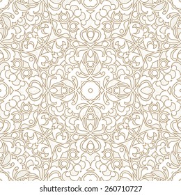 Vector seamless pattern with beige ornament. Vintage element for design in Eastern style. Ornamental lace tracery. Ornate floral decor for wallpaper. Endless texture. Light pattern fill.