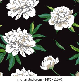 Vector seamless pattern with beige peony flowers on black background.