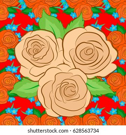 Vector seamless pattern with beige rose flowers and green leaves on a red background. Floral background, watercolor. Textile print for bed linen, jacket, package design, fabric and fashion concepts.