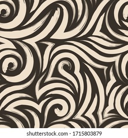 Vector seamless pattern of beige smooth and angular lines or brush strokes isolated on a dark brown background.Texture for fabrics or wrapping paper from two shades of brown.