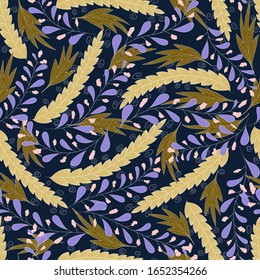 Vector seamless pattern. Beige spikelets, olive leaf and purple twigs on a dark-blue background. Design for cloth, wrapping, print. 