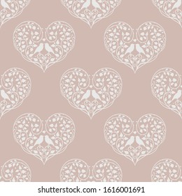 Vector seamless pattern in beige tones with birds and hearts