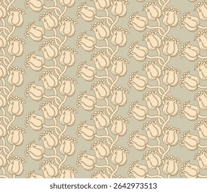 Vector seamless pattern from bell flower plant contour lineon a beige background