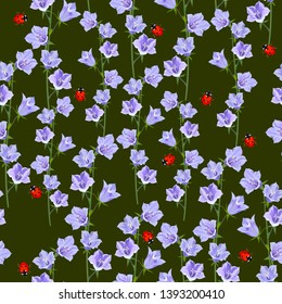 Vector seamless pattern with bell flowers and ladybirds