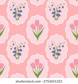 Vector seamless pattern with bell flowers and tulips on a pink background. Flat vector illustration