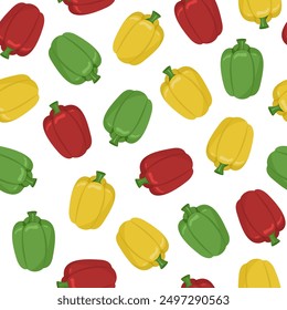 Vector seamless pattern with bell pepper. Image of multi colored peppers isolated on a white background. Color print for packaging, boxes and wallpaper. 