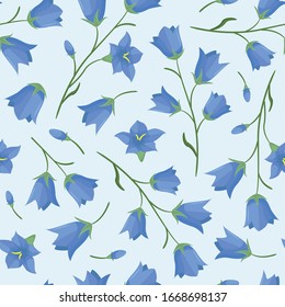 Vector seamless pattern with bellflower (campanula flowers) twigs; spring natural design for fabric, wallpaper, wrapping paper, packaging, web design.