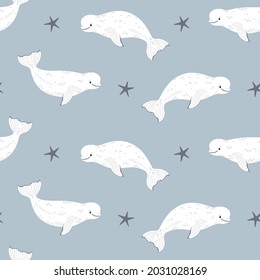 Vector seamless pattern with beluga whales. Sea repeated texture with white whales. Print for kids fabric and wrapping paper with marine animals. Scandinavian style.