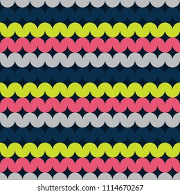 Vector seamless pattern. Bending lines, wave stripes of yellow, beige and pink colors. Black diamonds. Morocco style. Vintage colors. Digital paper for textile print. Art illustration.