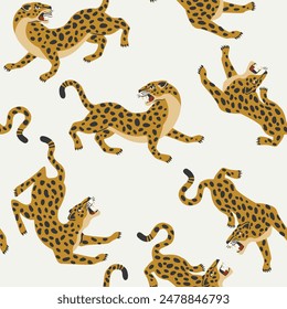 Vector seamless pattern with bengal leopards on background. Circus animal show. Fashionable fabric design.