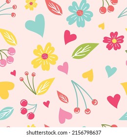 Vector seamless pattern with berries and flowers. Vector floral seasonal pattern with summer elements.