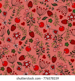 Vector seamless pattern with berries and flowers